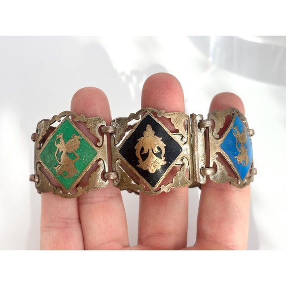 Silver Toned Multicolored Paneled Family Crest Sterling Silver Vintage Bracelet - Picture 6 of 10
